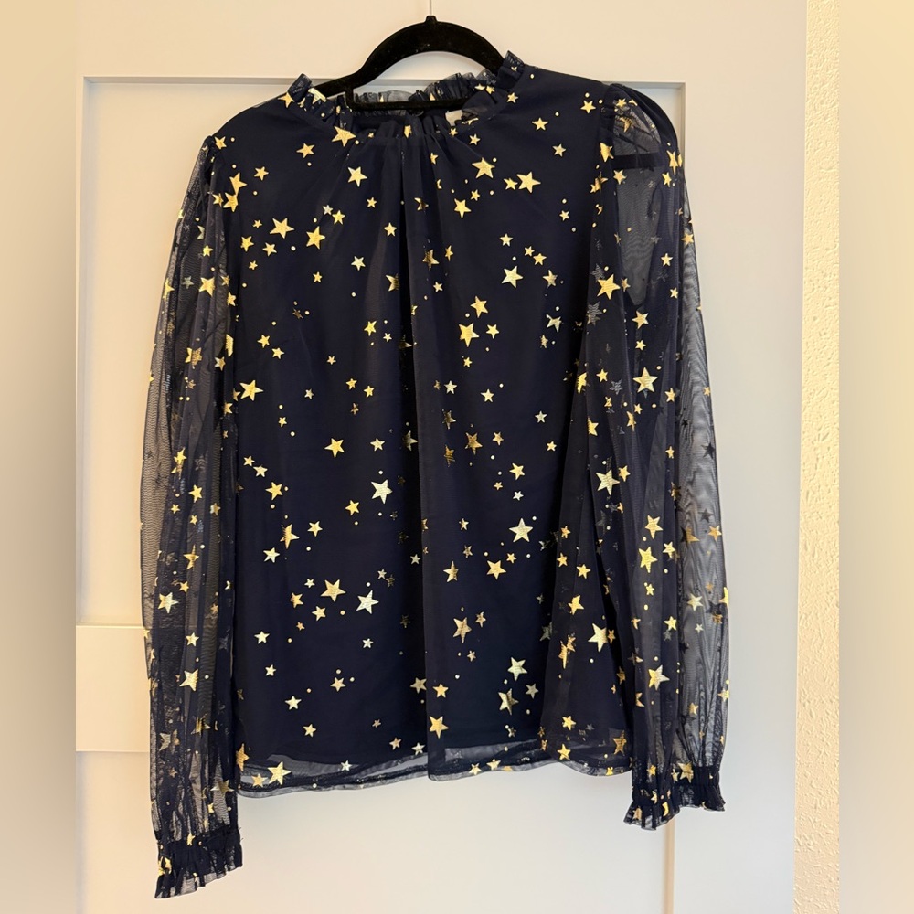 Boden Navy Mesh Blouse with Gold Star Print